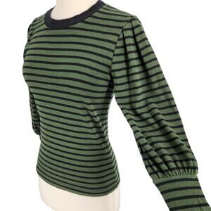 SALE DKNY Jeans Green Black Stripe Mutton Sleeve Pullover Knit Top Sweater Small